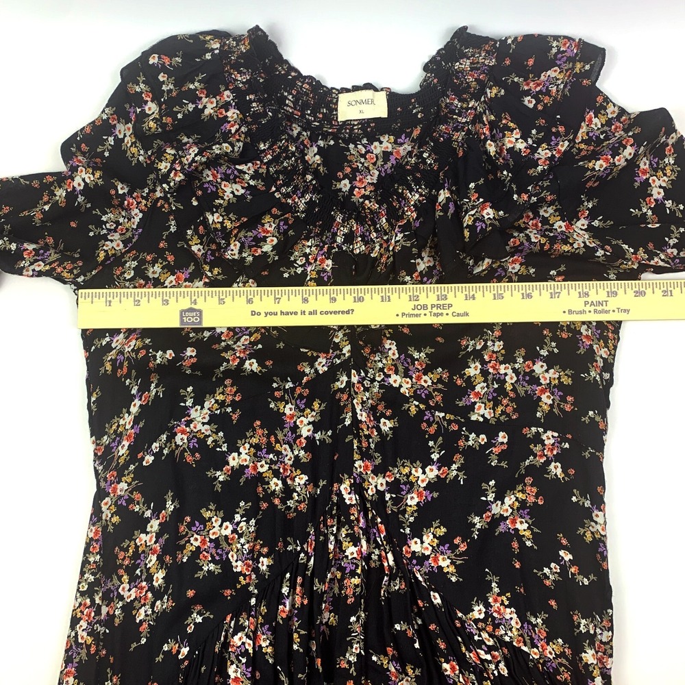 Sonmer‎ Lola Dress Sz XL Black Floral Ankle Length Ruffled Midi Asymetric V Neck - Picture 11 of 16